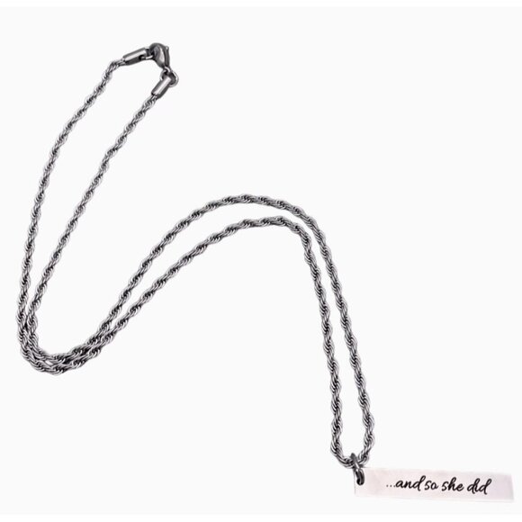 Engraved Bar Pendant Twisted Rope Chain Necklace Silver Tone 21.5 Inches - Picture 1 of 8